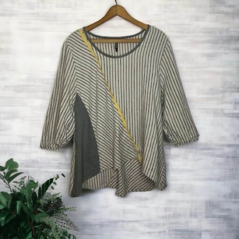 KHANGURA 100% Linen Lagenlook Artsy Striped Hi Low Tunic Mixed Print Blouse